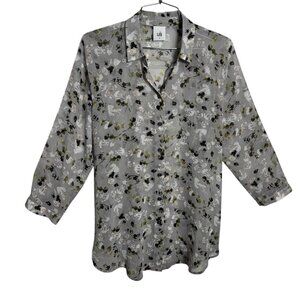 CAbi Matinee Blouse Style #5204 Gray Floral semi-Sheer Button-Down size small